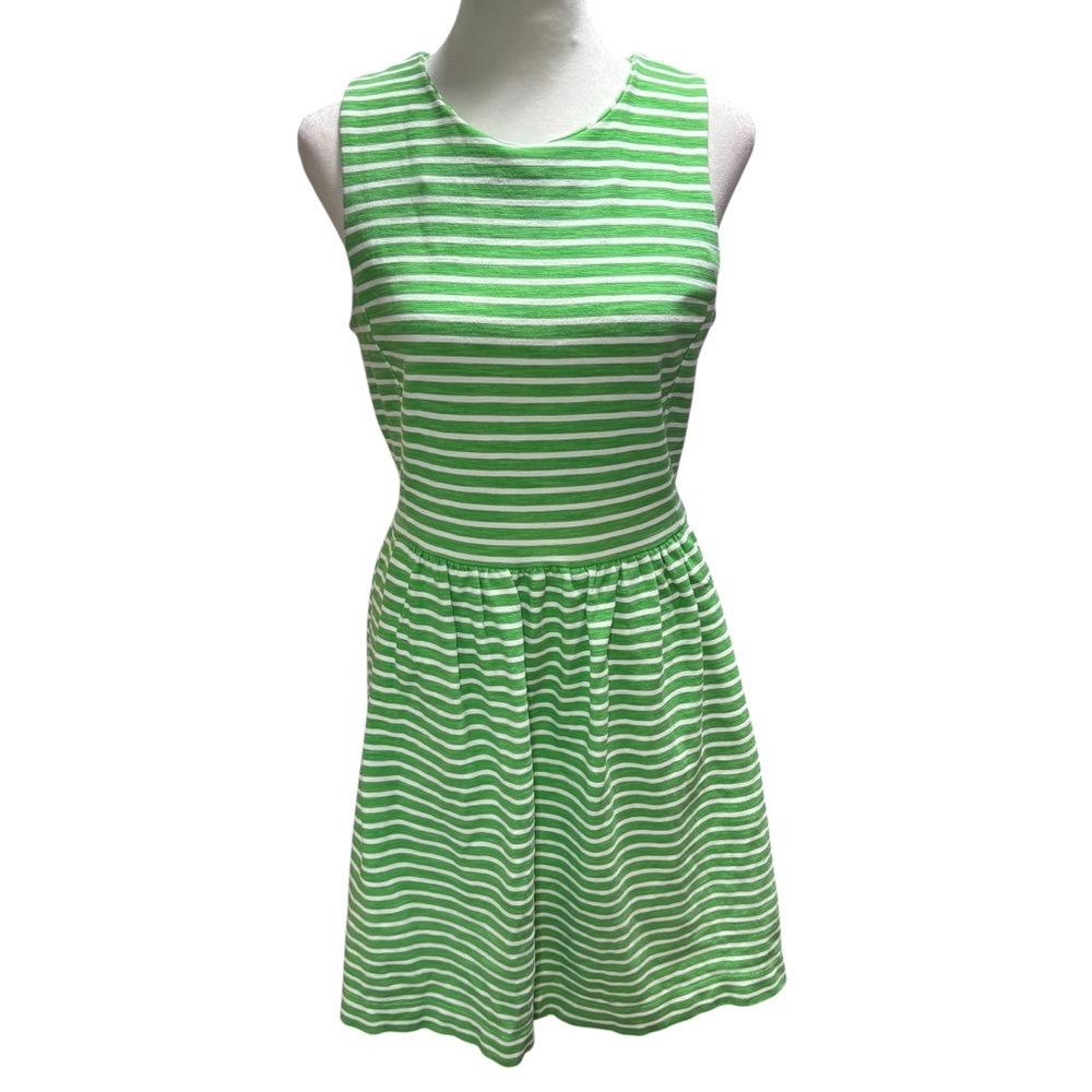 Green White Striped Sleeveless Fit‎ Flare Dress  Exposed Back Zip Knit #664